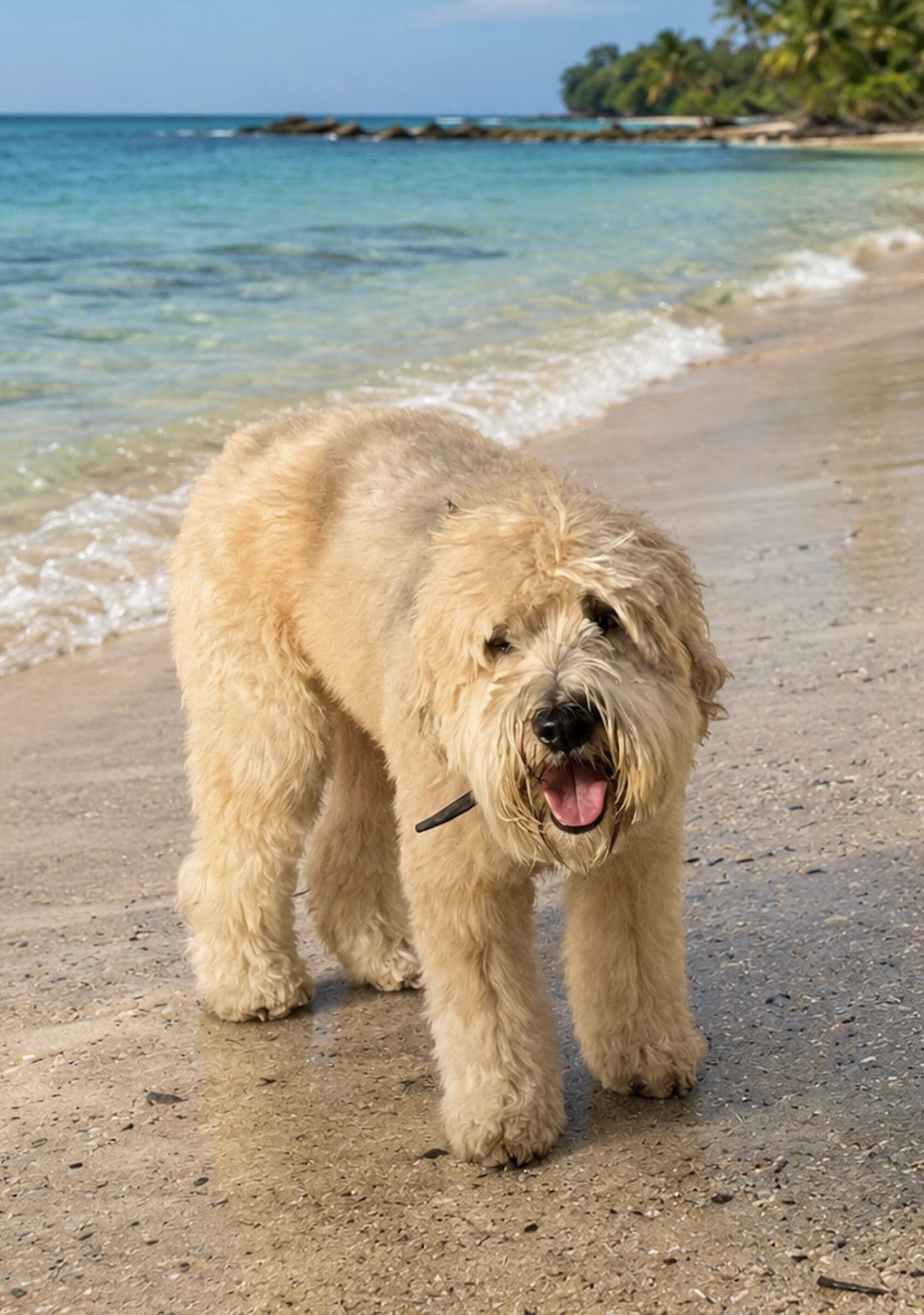 Oliver, the founders' dog, on the beach